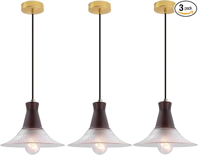 Vintage Farmhouse Glass Pendant Light Fixture 9 Inch Industrial Clear Ceiling Hanging Light with Walnut Wood lamp Holder for Kitchen Island Hallway Bar Dining Room Bedroom Foyer（3 Pack）