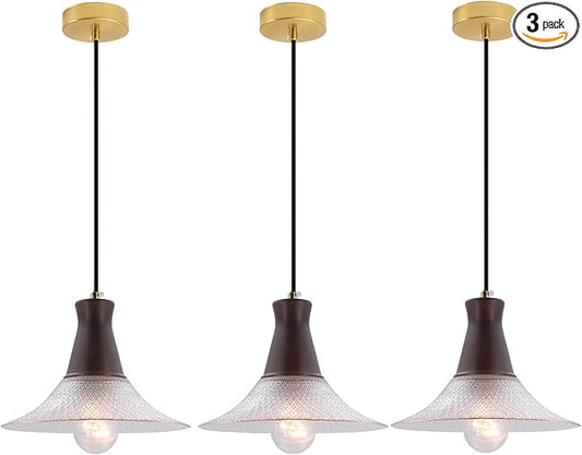 Vintage Farmhouse Glass Pendant Light Fixture 9 Inch Industrial Clear Ceiling Hanging Light with Walnut Wood lamp Holder for Kitchen Island Hallway Bar Dining Room Bedroom Foyer（3 Pack）