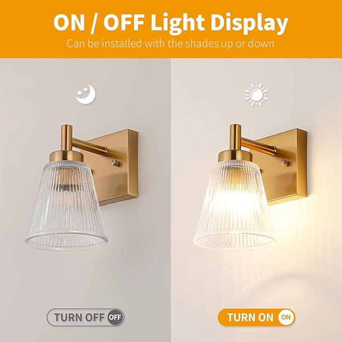 OCIOC Gold Hardwired Wall Sconces Set of Two, Modern Glass Wall Lights for Bathroom, Wall Mounted Light for Bedroom, Living Room, Hallway, Cabinet Porch
