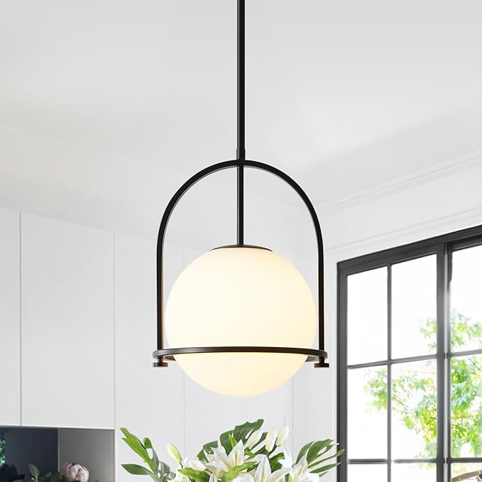 youngrender Modern Black Schoolhouse Pendant Light Fixture, 6" Black Globe Pendant Lighting with Hanging Adjustable Height, One Light Milk Glass Chandelier for Kitchen Island Dining Room Hallway