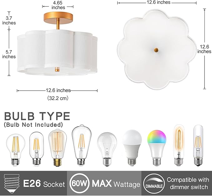 Bargeni Semi Flush Mount Ceiling Light,13 inch Modern Ceiling Light Fixture,Gold Light Fixtures Ceiling Mount with Flower-Shaped Fabric Shade, Flush Mount Light Fixture for Bedroom,Living Room,Hallway