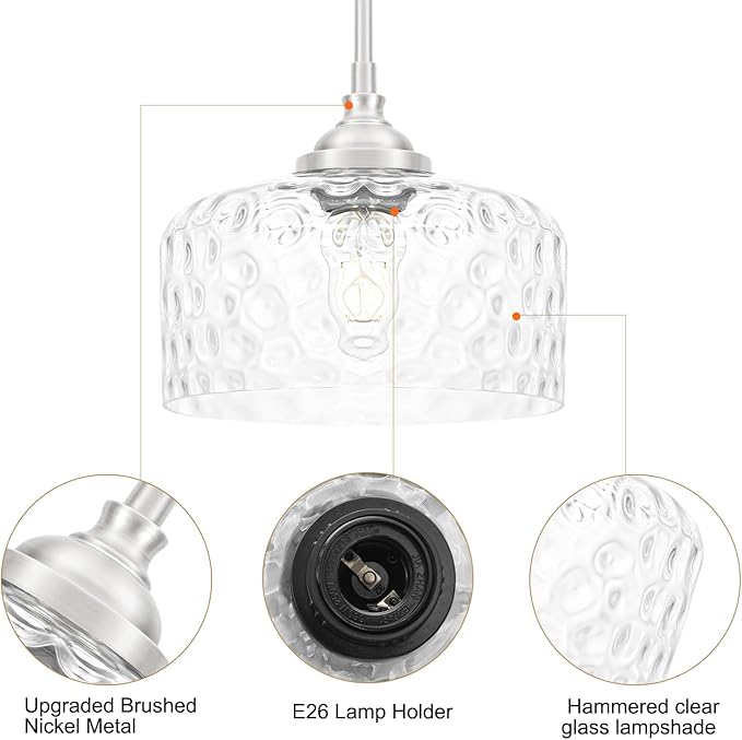Brushed Nickel Pendant Lights Kitchen Island, Modern Hammered Glass Kitchen Pendant Lighting Over Island, Hanging Bathroom Light Fixtures Adjustable Pendant Light for Hallway Entryway Dining Room