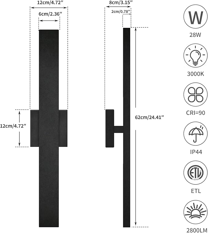 Aluminum Modern LED Wall sconces, 24.4 inch Matte Black Waterproof Wall Lights with 28W LED Light Source for Indoor, Outdoor, Living Room, Bedroom, Garage, Porch, Hallway