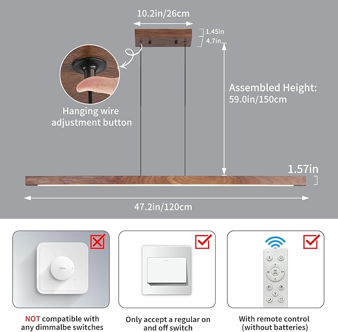 Modern Wooden Pendant Light, 47IN Walnut Wooden Chandelier with Remote Control 3000k-6500K Adjustable Color Temperature，Aluminum Island Lighting Lamp for Dining Room, Living Room