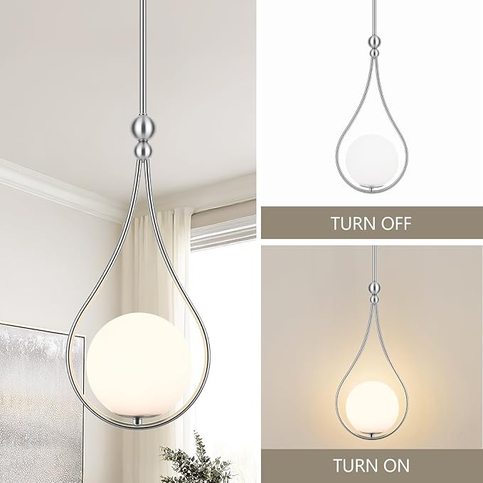 Brushed Nickel Pendant Lights with Milky White Globe Glass Pendant Lights Kitchen Island Adjustable Mid Century Hanging Pendant Light Fixtures for Kitchen Dining Room Entryway, 1 Pack