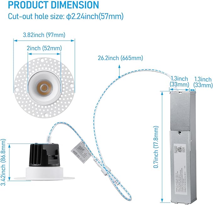 TORCHSTAR LED 1 Inch 9W 5CCT Recessed Lights with J-Box, Receessed Ceiling Light, Round Trimless Downlight, Dimmable, CRI 90, 2700-5000K Selectable, ETL & FCC, Pack of 4