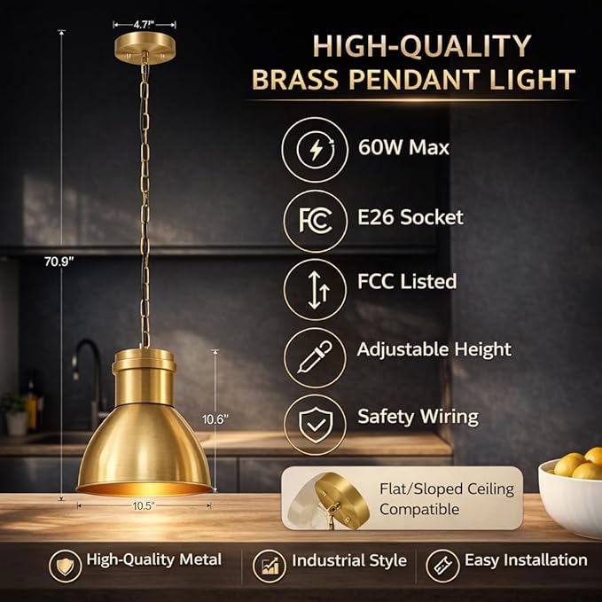 BoostArea Gold Pendant Light for Kitchen Island, 10.6" Large Metal Dome Shade, 70.9" Adjustable Height Hanging Light Fixture, Modern Farmhouse Pendant Lighting, E26 Base, Bulb Not Included
