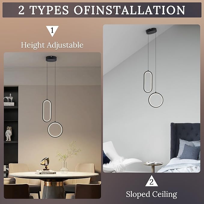 Black Modern Mini LED Pendant Light with Remote Control, 2 Ring 24W 3-Color Temp Stepless Dimmable Ceiling Hanging Light for Bedroom Kitchen Island Dining Room Foyer Entryway