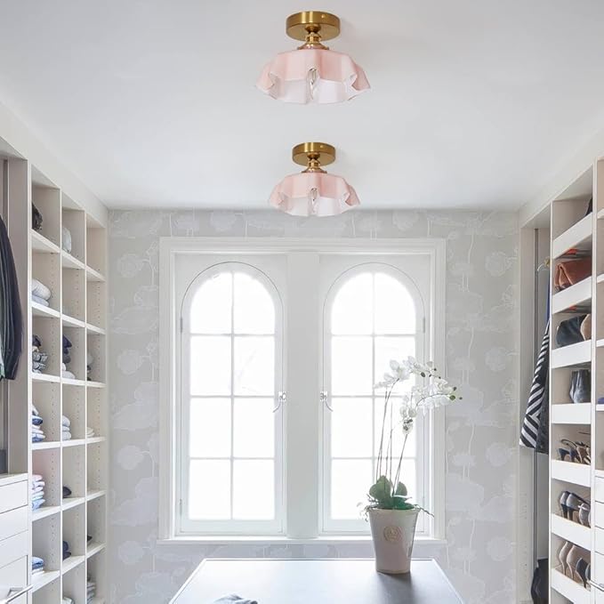 9.4in Vintage Pink Flush Mount Ceiling Light Fixture - Brass Semi Flush Mount Lighting with Flower Glass Shade for Closet, Small Rooms - Compact Indoor Light for Hallway Entryway Porch, Bulb Not