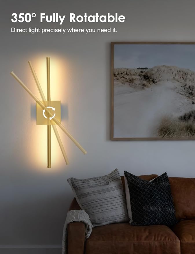 KARTOOSH 20.4 Inch Hardwired Wall Sconces Set of Two, 3000K Warm White Dimmable Modern Wall Sconces, 350° Rotate LED Light Fixtures Wall Lamp for Bathroom Living Room Bedroom Bedside, Gold
