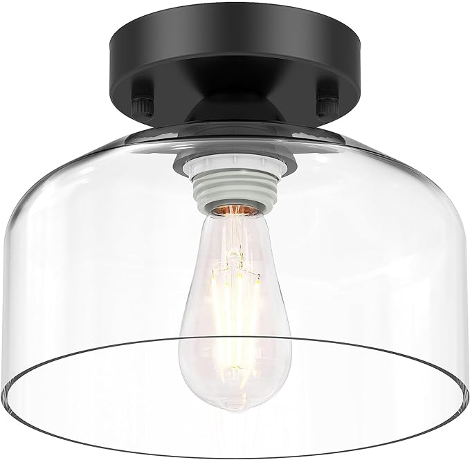 LACCEN Semi Flush Mount Ceiling Light - Clear Glass Pendant Lamp Shade, Matte Black Finish, Modern Farmhouse Light Fixture for Hallway Corridor Kitchen Entryway Bedroom, Bulb Not Included