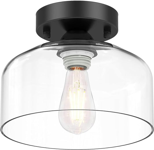 LACCEN Semi Flush Mount Ceiling Light - Clear Glass Pendant Lamp Shade, Matte Black Finish, Modern Farmhouse Light Fixture for Hallway Corridor Kitchen Entryway Bedroom, Bulb Not Included