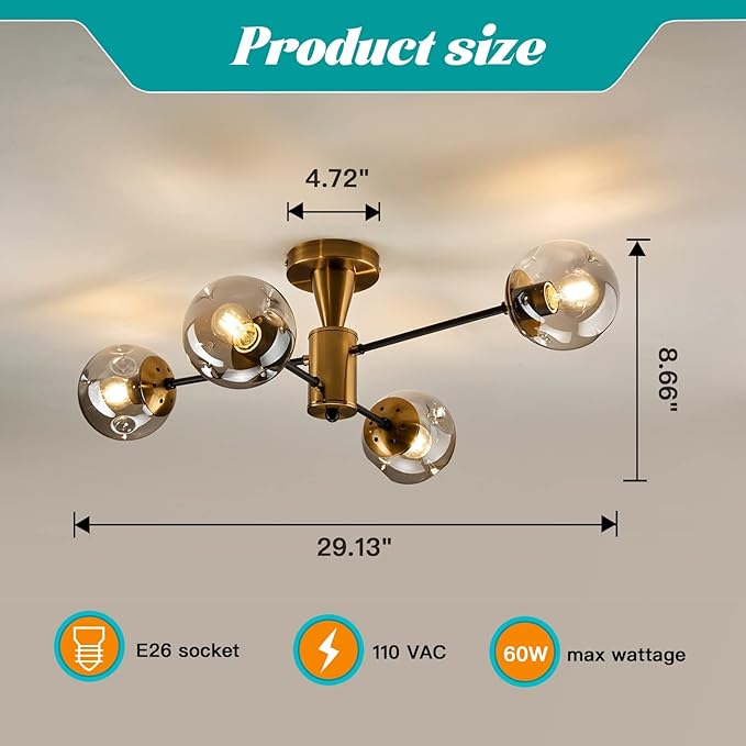 hesoge Modern Semi Flush Mount Ceiling Light Fixture, 4-Light Gold Mid Century Chandelier with Glass Globe,Ceiling Lighting for Dinning Room Farmhouse Kitchen Bedroom Living Room.