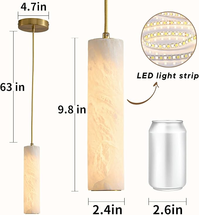Natural Alabaster Pendant Light Fixture, Modern Marble Kitchen Island Lamp, Long Tube Alabaster Chandelier with LED Light Strip, Small Pendant Light for Kitchen, Dining Room, Living Room (1 Pack)