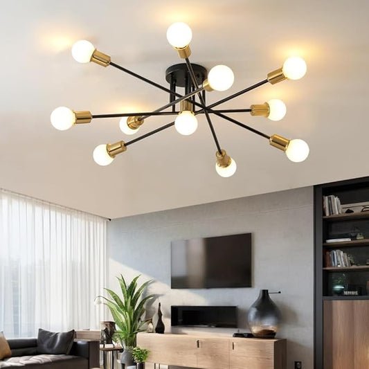 Modern Sputnik Gold and Black Semi Flush Mount Ceiling Light Fixture Minimalist,Mid Century Large 11 Light Metal Chandelier for Living Room Dining Room Bedroom Kitchen Office Entryway