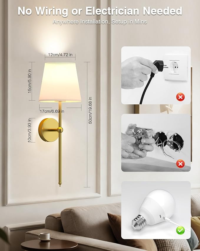 Abovizo Battery Operated Wall Sconce Set of Two, 12 Colors Wireless Wall Sconces with Remote Control, 5200mAh Rechargeable Wall Light for Bedroom Living Room Hallway