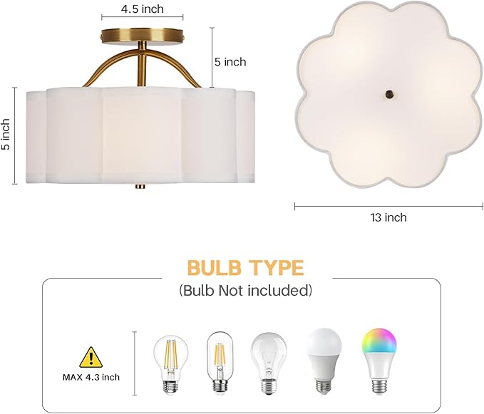 Semi Flush Mount Ceiling Light, 11.8" Modern 3-Light Fixture with Petal-Shaped Cream White Fabric Shade and Golden Support Arm, Ideal for Bedroom, Kitchen, Living Room, Hallway, and Entryway