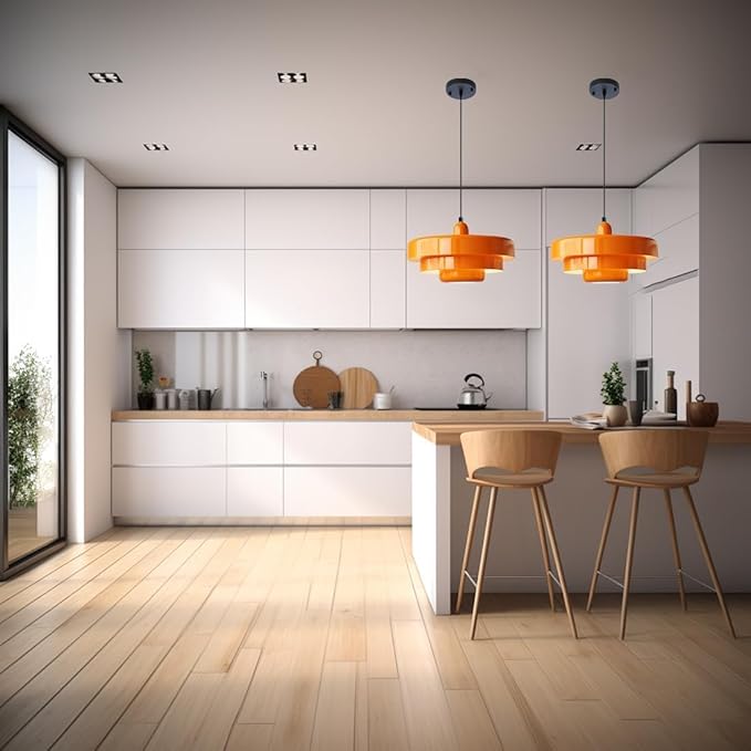 Set of 2 Orange Pendant Lights, Nordic Flush Mount Mid Century Modern Chandeliers for Kitchen Island, Dining Room, Pantry, Farmhouse Ceiling