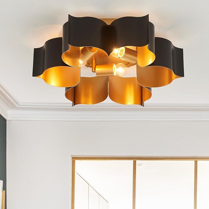 VILUXY Modern Black and Gold Flush Mount Ceiling Light 19” Flower Close to Ceiling Light Fixtures 3 Lights Vintage for Hallway, Entryway, Closet, Bedroom, Kitchen