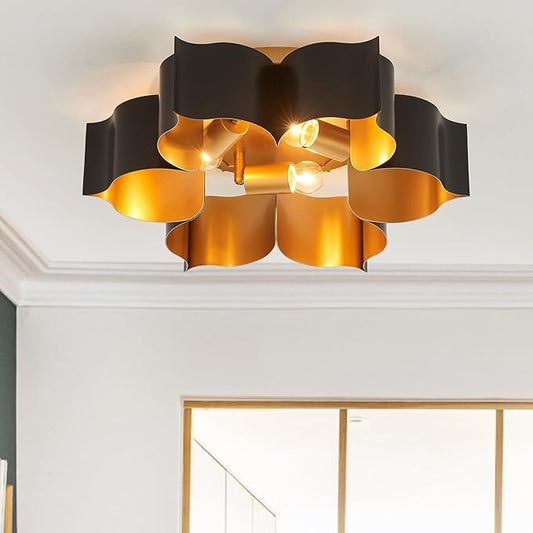 VILUXY Modern Black and Gold Flush Mount Ceiling Light 19” Flower Close to Ceiling Light Fixtures 3 Lights Vintage for Hallway, Entryway, Closet, Bedroom, Kitchen