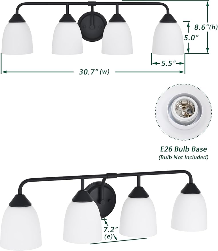 Black 4-Light Traditional Bathroom Vanity Light Fixtures Over Mirror, Modern Vanity Lights for Living Room, Standard E26 Base, Textured Black