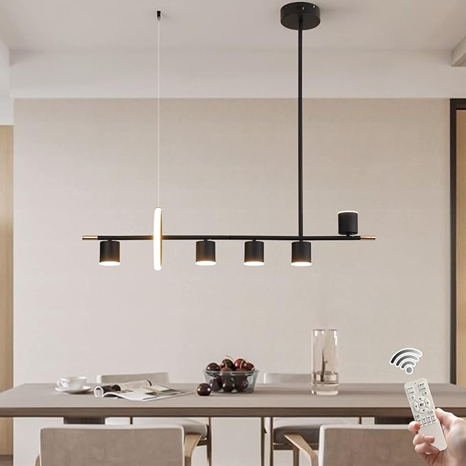 Siittoo Modern Black Pendant Light, LED Dimmable Hanging Pendant Light Fixture with Spotlights, 40'' Modern LED Chandelier Kitchen Island Light for Table Dining Room Bar (40W, 6-Light, Matte Black)
