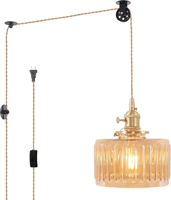 Shenmoyl Plug in Pendant Light Hanging Light Fixture Corded On/Off Switch Brass Pendant Light with Amber Striped Glass Lampshade for Bedroom Living Room Kitchen Island