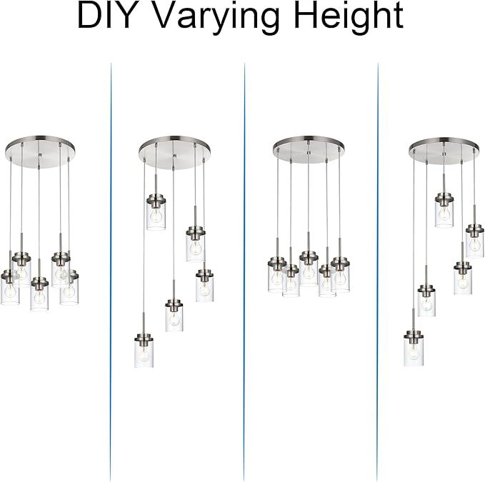 MELUCEE 5-Light Cluster Pendant Lights Stairwell Lighting Brushed Nickel Chandelier for Dining Room, Modern Kitchen Island Pendant Lighting Adjustable Hanging Ceiling Lamp with Clear Glass Shade