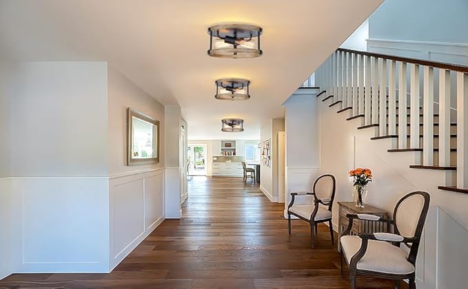 2 Pack Farmhouse Flush Mount Ceiling Light Fixture, 12.5 Inch 2-Light Rustic Ceiling Mount Light Fixtures, Round Drum Brown Wood Finish Flush Mount Lights for Kitchen Bedroom Hallway Dining Room