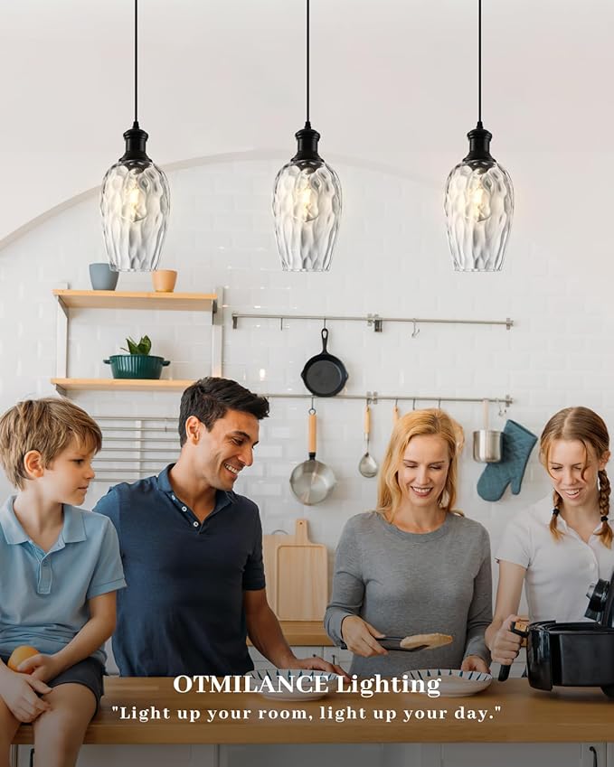 Pendant Lights Kitchen Island, 6.3” Black Blown Glass Pendant Lights 1-Pack, Farmhouse Pendant Light with Clear Hammered Glass, Modern Kitchen Pendant Light for Dining Room, Bathroom, Cafe