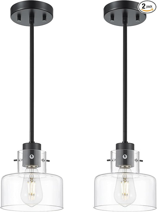 2 Pack Pendant Lights Kitchen Island, 6" Matte Black Pendant Light Fixtures Over Island with Clear Glass Shade, Modern Kitchen Island Lighting for Dining Room Entryway, PL124-MB-G-2PK