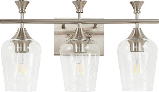 Bathroom Light Fixtures (3-Light, 19 Inch), Brushed Nickel Vanity Lights for Bathroom with Clear Wine Glass Glass Shade, Modern Vanity Wall Lights for Mirror Bedroom Living Room Kitchen Hallway Porch