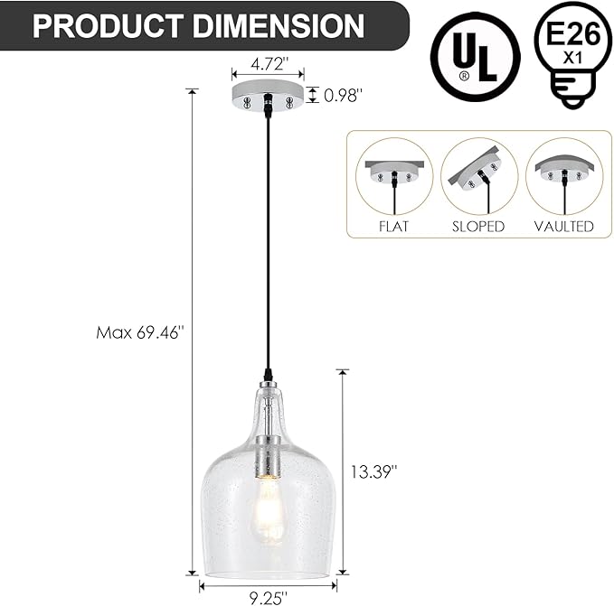 9” Chrome Seeded Glass Pendant Light Modern 1 Light Single Dome Pendent Lighting Fixtures for Kitchen Island Dining Room Hallway, UL Listed