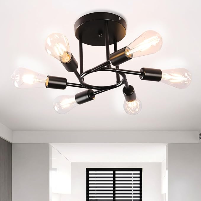 Finktonglan 6-Light Semi Flush Mount Ceiling Light, Matte Black Sputnik Ceiling Light Fixture, Modern Farmhouse E26 Chandelier for Kitchen, Dining Room, Living Room, Bedroom