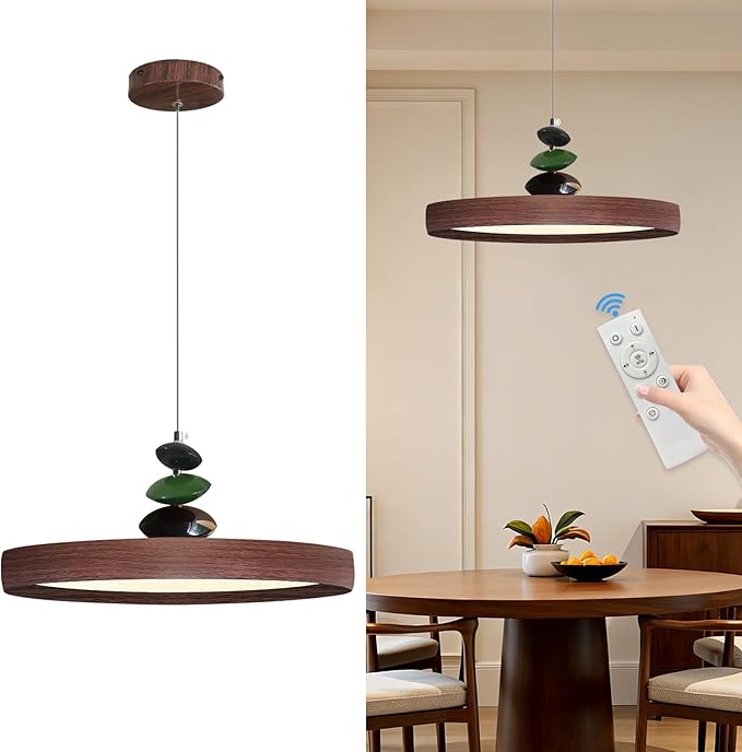 Mikeru Modern Pendant Lights, 23.6" Wood Grain Finish Pendant Lighting Fixture with Remote Control Dimmable 3 Color Mode & Brightness Mid Century Island Light Fixture for Dining Room,Living Room