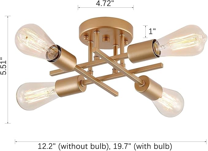 AIHYING 4-Light Semi Flush Mount Ceiling Light, Gold Mid-Century Industrial Farmhouse Chandelier Light Fixtures for Hallway Entryway Bedroom Kitchen Dining Room Porch Laundry Room UL Listed
