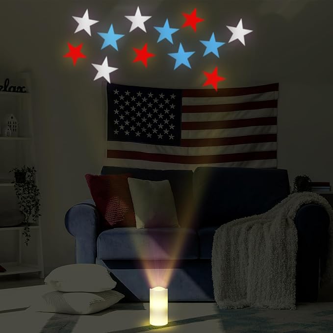 4th of July Flameless Candles Patriotic Projector Lights Red White Blue LED Candle Star Battery Operated Night Light with Remote Timer 250th Anniversary Independence Day Party Indoor Bedroom Decor