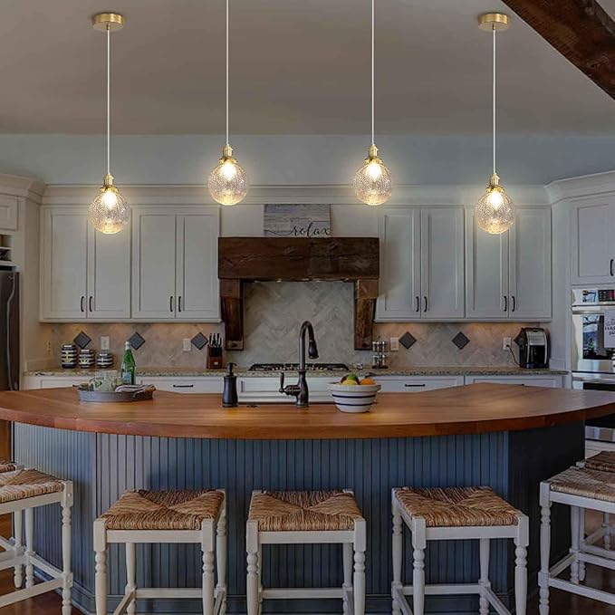 Gold Pendant Lights Kitchen Island with Clear Glass, Vintage 1 Light Gold Glass Globe Pendant Light for Dining Room, Bedroom, Hallway, Farmhouse