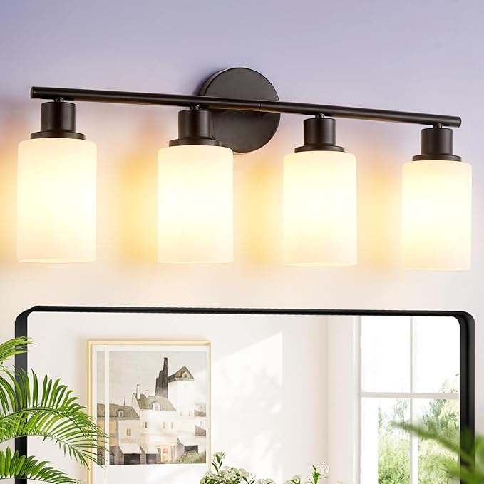 DLLT 4-Light Bathroom Light Fixtures: Black Modern Vanity Lights with E26 Bulbs - Milky White Glass Shade Bathroom Wall Lamp for Mirror Kitchen Living Room Hallway Cabinet Porch