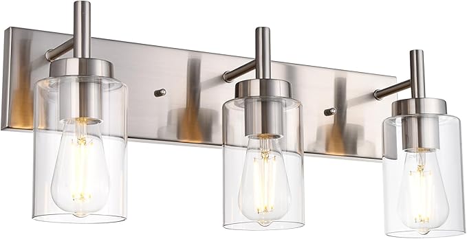 VINLUZ Vanity Bathroom Light Fixture Brushed Nickel 3 Lights Modern Wall Sconce Lighting with Clear Glass Shade Vintage Rustic Porch Wall Lamp Bedroom(Patent No.: US D958,438 S)