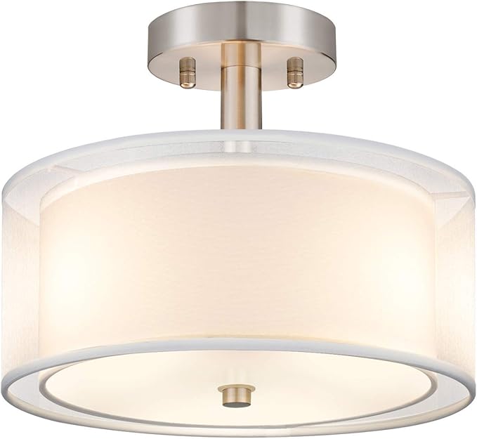 FOLKSMATE 3-Light Semi Flush Mount Ceiling Light Fixture, 16 Inch Drum Light with Double Fabric Shade, Modern Close to Ceiling Lamps for Dining Room Kitchen