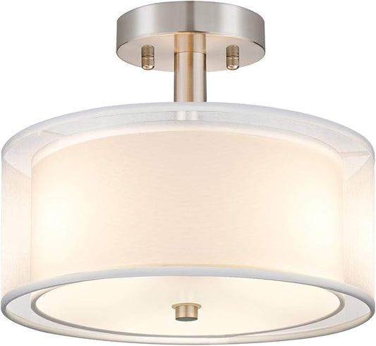 FOLKSMATE 3-Light Semi Flush Mount Ceiling Light Fixture, 16 Inch Drum Light with Double Fabric Shade, Modern Close to Ceiling Lamps for Dining Room Kitchen