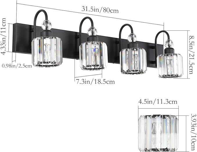 Ralbay Modern Black Vanity Light - 4-Light Crystal Bathroom Wall Light Fixtures in Matte Black