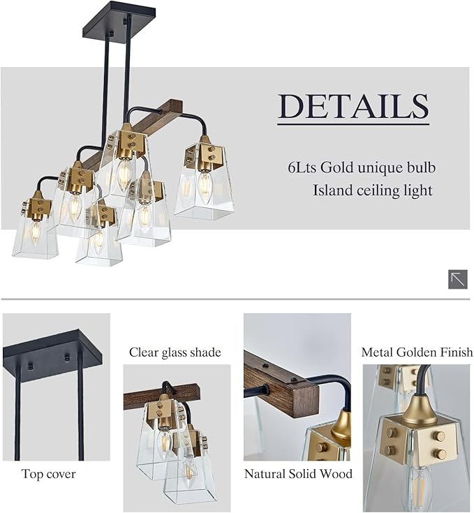 30-inch Farmhouse Chandelier, 6-Light Pendant Light Fixture with Clear Glass Shade & E12 Base, Adjustable Hanging Ceiling Light for Dining Room Kitchen Island Living Room Bar