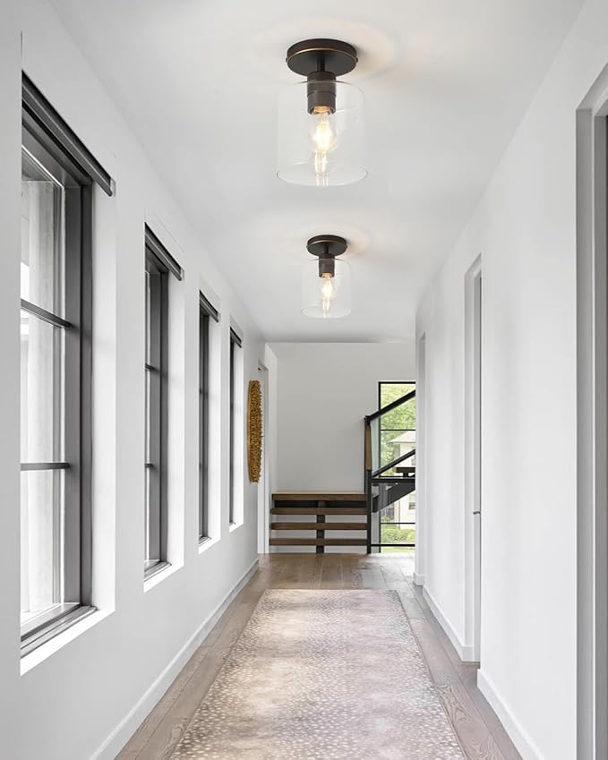 Brown and Gold Semi Flush Mount Ceiling Light,Modern Farmhouse Ceiling Light Fixture for Closet Entryway,Hallway Light Fixture 5.9in Clear Glass Shade 1 Pack