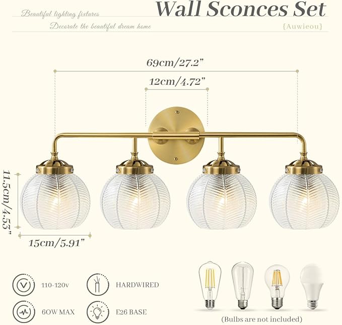 4 Light Gold Vanity Lights with Clear Glass Shades, Vintage Bathroom Vanity Lighting Over Mirror, Modern Wall Sconce Bathroom Wall Light Fixture Wall lamp for Living Room Bedroom