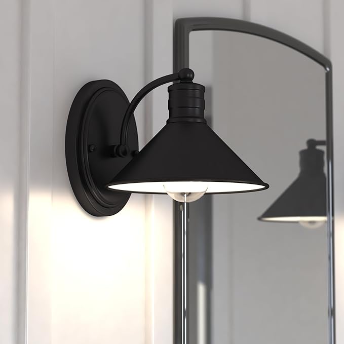VAXCEL Akron 1-Light 8 inch Wide Oil Rubbed Bronze and Matte White Farmhouse Bathroom Vanity Lighting Fixture, Metal Shade, Dimmable, LED Compatible, Wall Mounted Steel Sconce
