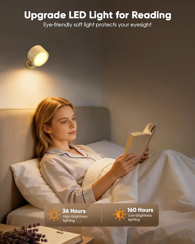 LED Wall Mounted Lights 2 Pcs with Remote, Rechargeable Wall Sconce with 3 Color Temps & Dimmable Magnetic 360° Rotation Cordless Light for Bedroom Reading Bedside (Wood, 2 Pack)