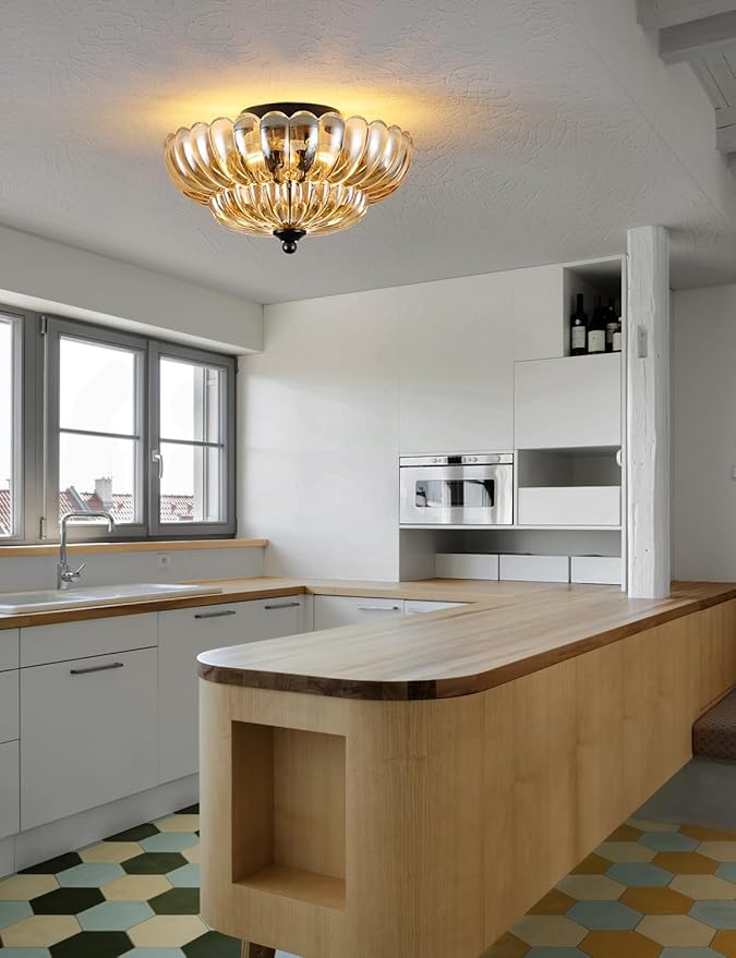 Semi Flush Mount Ceiling Light, Amber Glass Ceiling Light Fixture, 3-Bulb Modern Black Close to Ceiling Light, Vintage Glass Ceiling Lights for Bedroom Kitchen Living Room, Bulb Not Included