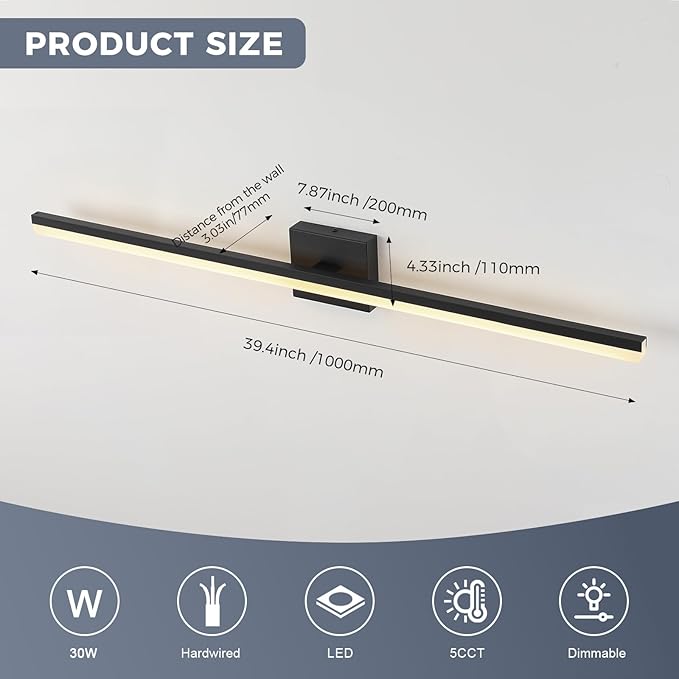 LED Modern Bathroom Vanity Light Fixtures 30W Dimmable 5CCT Vanity Light Bar Over Mirror Matte Black Wall Light for Bathroom 39.4 inch Long 110V AC ETL Certificated